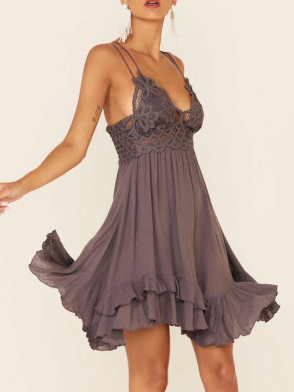 Free People Adella Lace Slip Mini Dress Grey-Purple Small